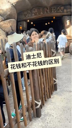 在梦幻的迪士尼乐园中，熙熙攘攘的人群中，普通游客们正耐心地排着长长的队伍，沉浸在