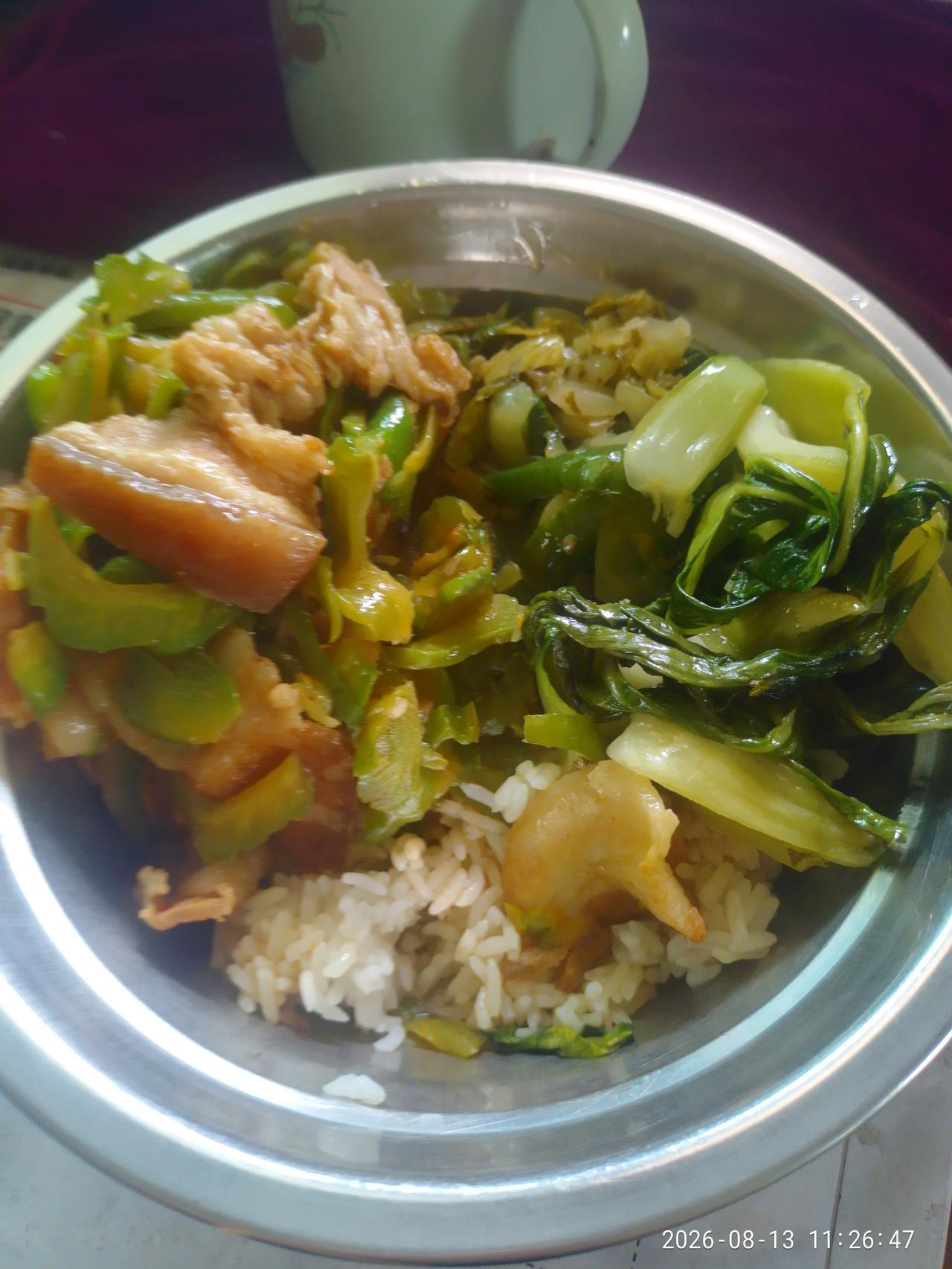2026.08.13，今天中午饭吃的是小白菜，还有酸菜，还有是苦瓜炒肉，汤是猪头