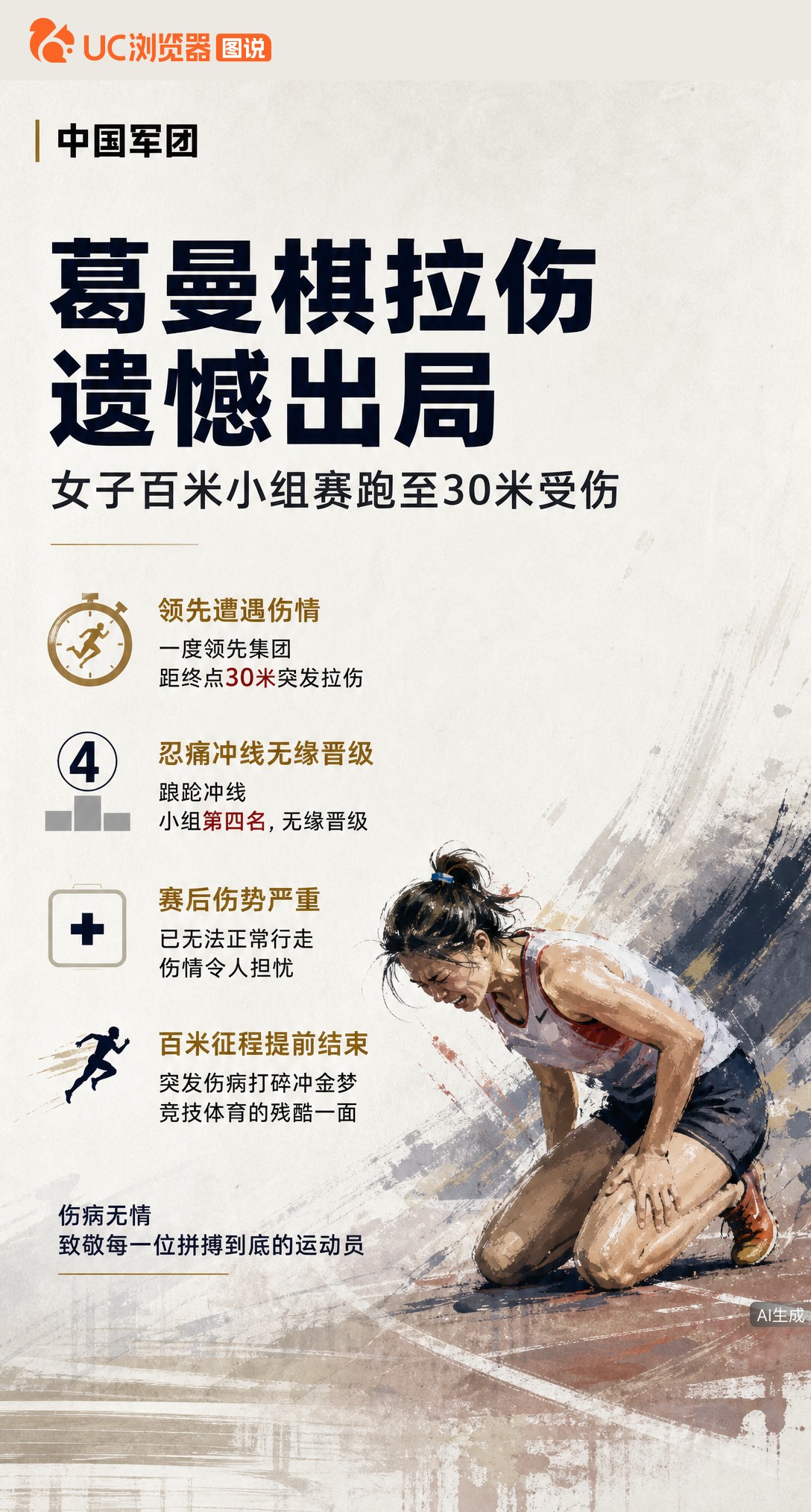 名古屋亚运女子百米小组赛，葛曼棋领先时距终点30米突发拉伤，忍痛踉跄跑完获小组第四遗憾出局。赛后她已