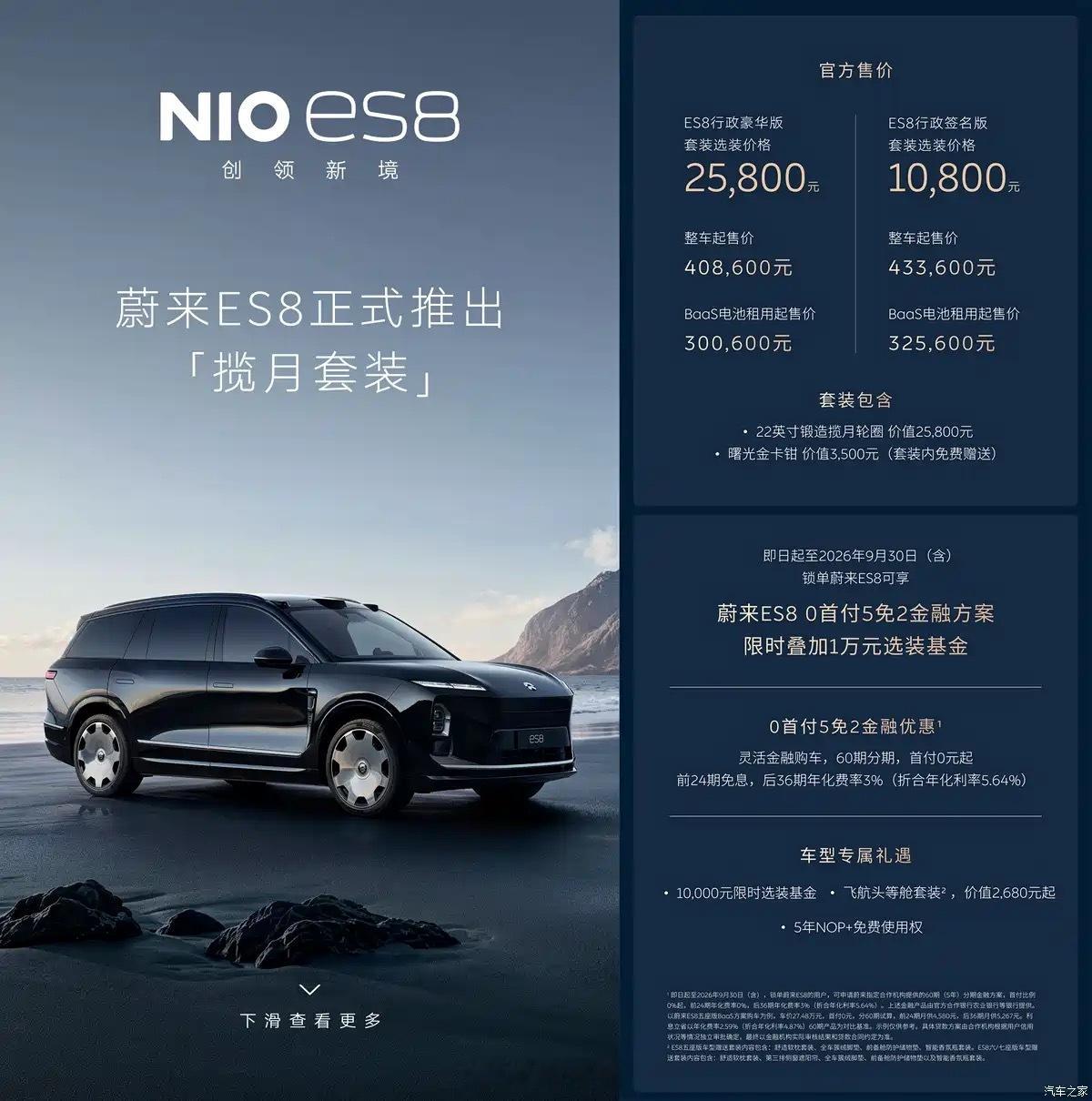 蔚来ES8上新“揽月套装”：22英寸锻造轮圈配曙光金卡钳。行政豪华版选装2580