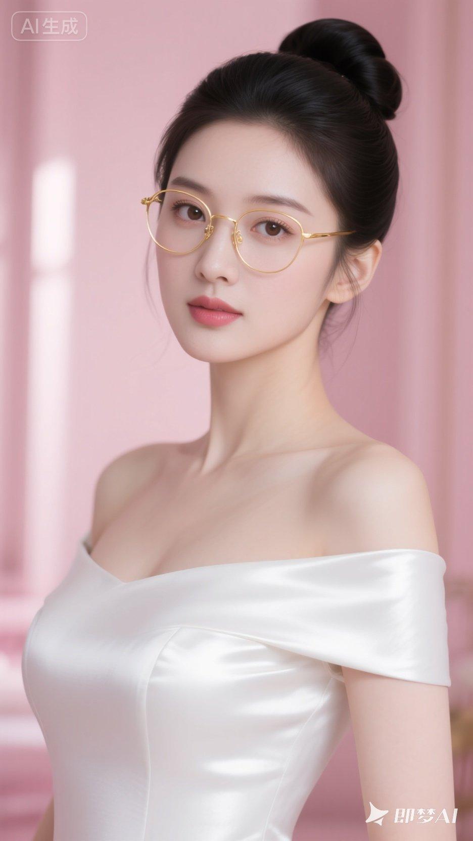 优雅气质，甜美笑容，时尚眼镜，粉色背景，完美搭配！