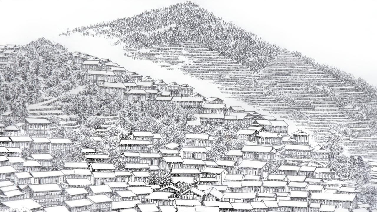 一幅耗时一周的线描作品《千户苗寨》，绘画材料，生宣，极细签字笔。