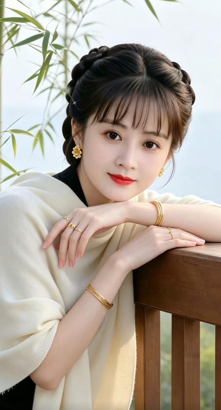 优雅古风少女，竹林间的美人。古典温婉美女清雅仙气美女水边汉服少女