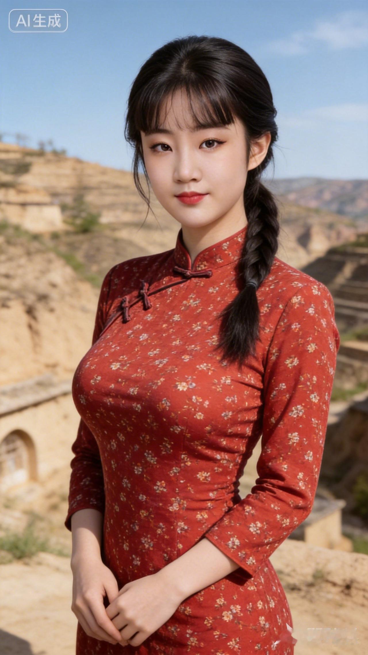 古风少女，红衣飘逸，置身于山水之间，尽显古典韵味。