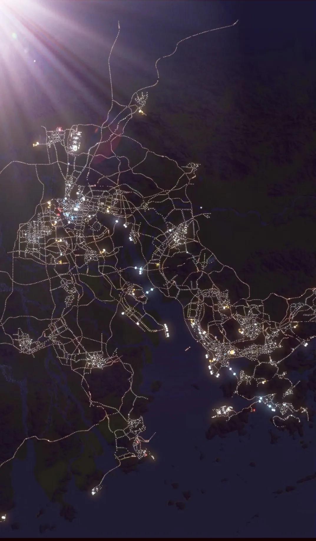 从高空往下看某城市群的交通脉络图，就像一棵大树的根系一样，毫无规则但却错落有致，