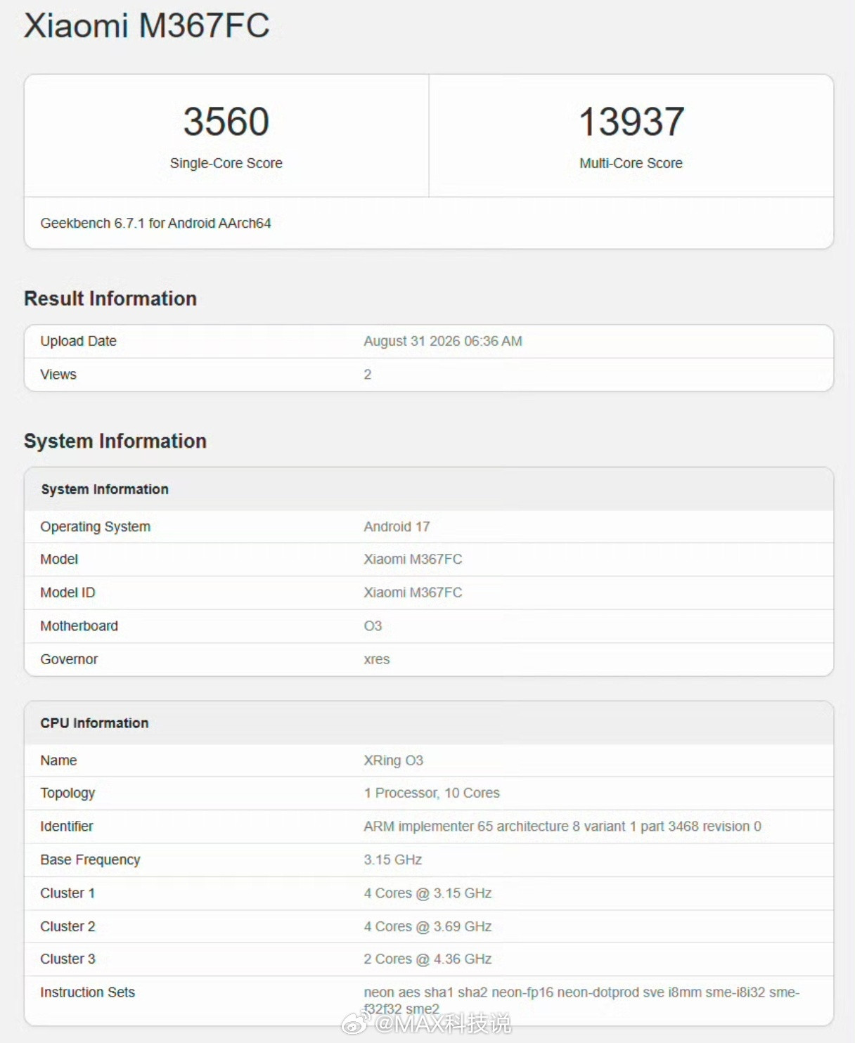 玄戒O3的Geekbench性能跑分实测首秀，单核3560，多核13937，当世