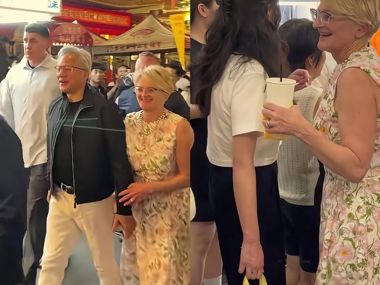 黄仁勋回台北，最甜的画面全在黄太太身上！66岁的她穿碎花裙，手牵老公拎着饮料，笑