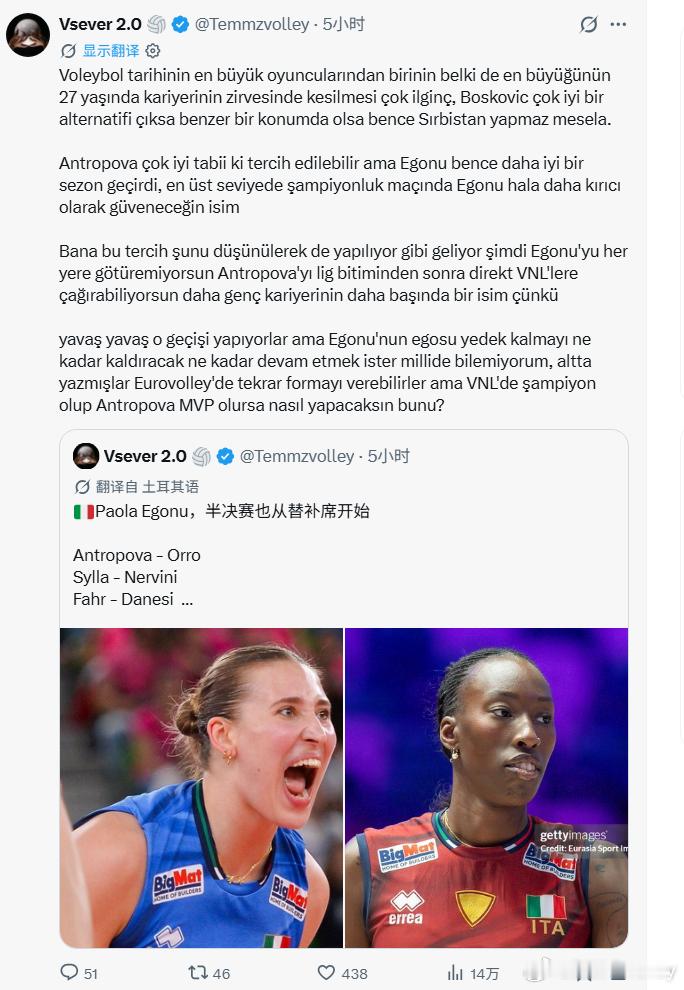 土耳其媒体吐槽意大利女排在埃格努巅峰期扶持年轻的安特罗波娃、压缩埃格努出场时间。