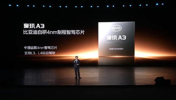 比亚迪自研首款4纳米辅助驾驶芯片5月28日，比亚迪"敢为"智能化战略发布会扔出