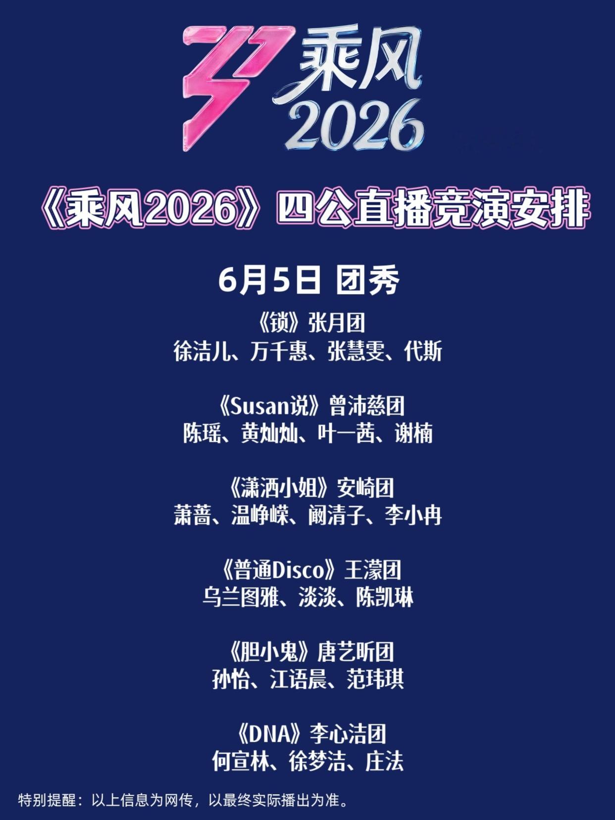 浪姐四公双人合作秀选曲网传《乘风2026》四公直播竞演安排，四公仍将延续三公连续