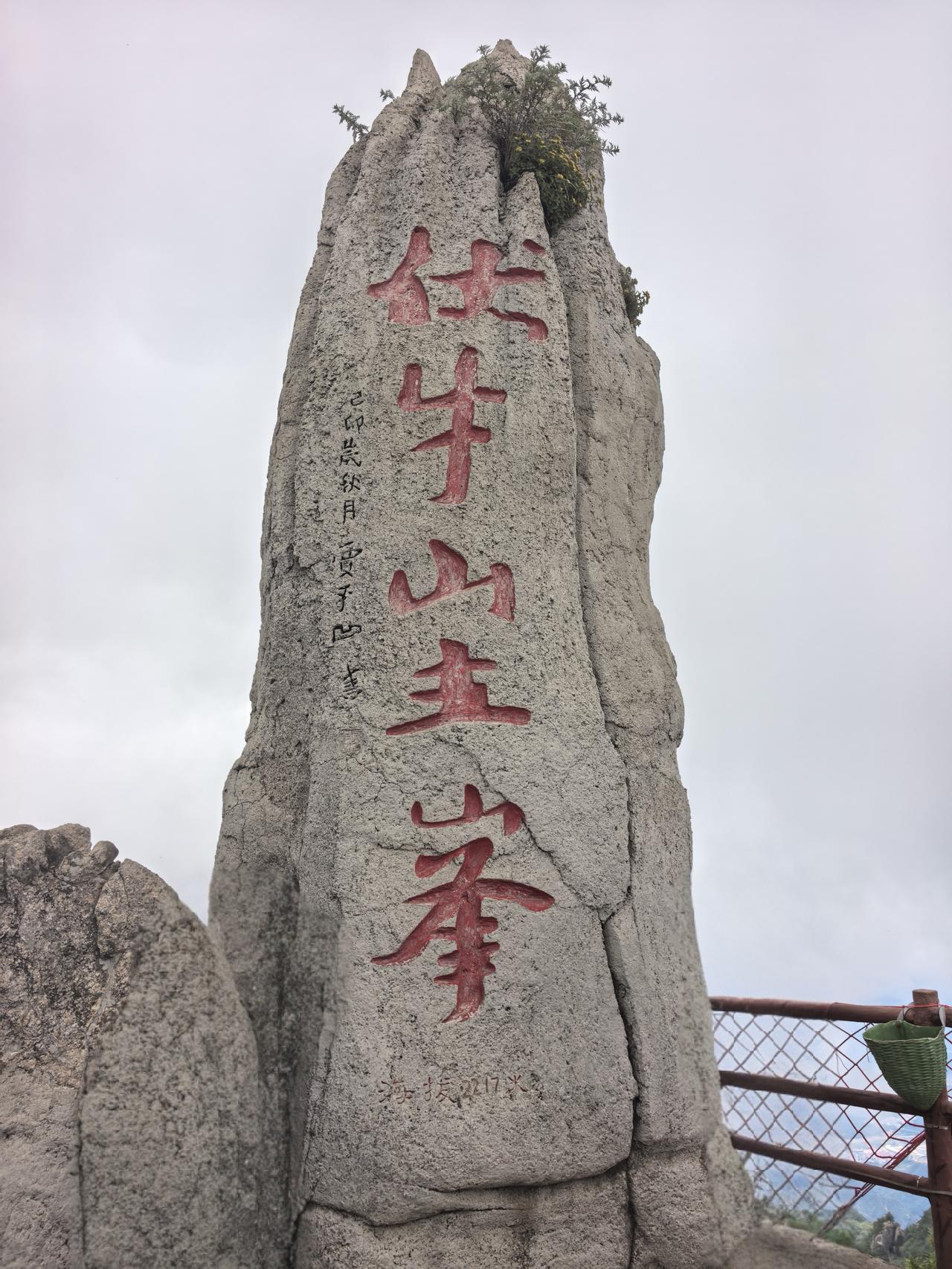 河南老君山主峰地理标志老君山主峰（马鬃岭）的石碑上刻有“伏牛山主峰”字样，由