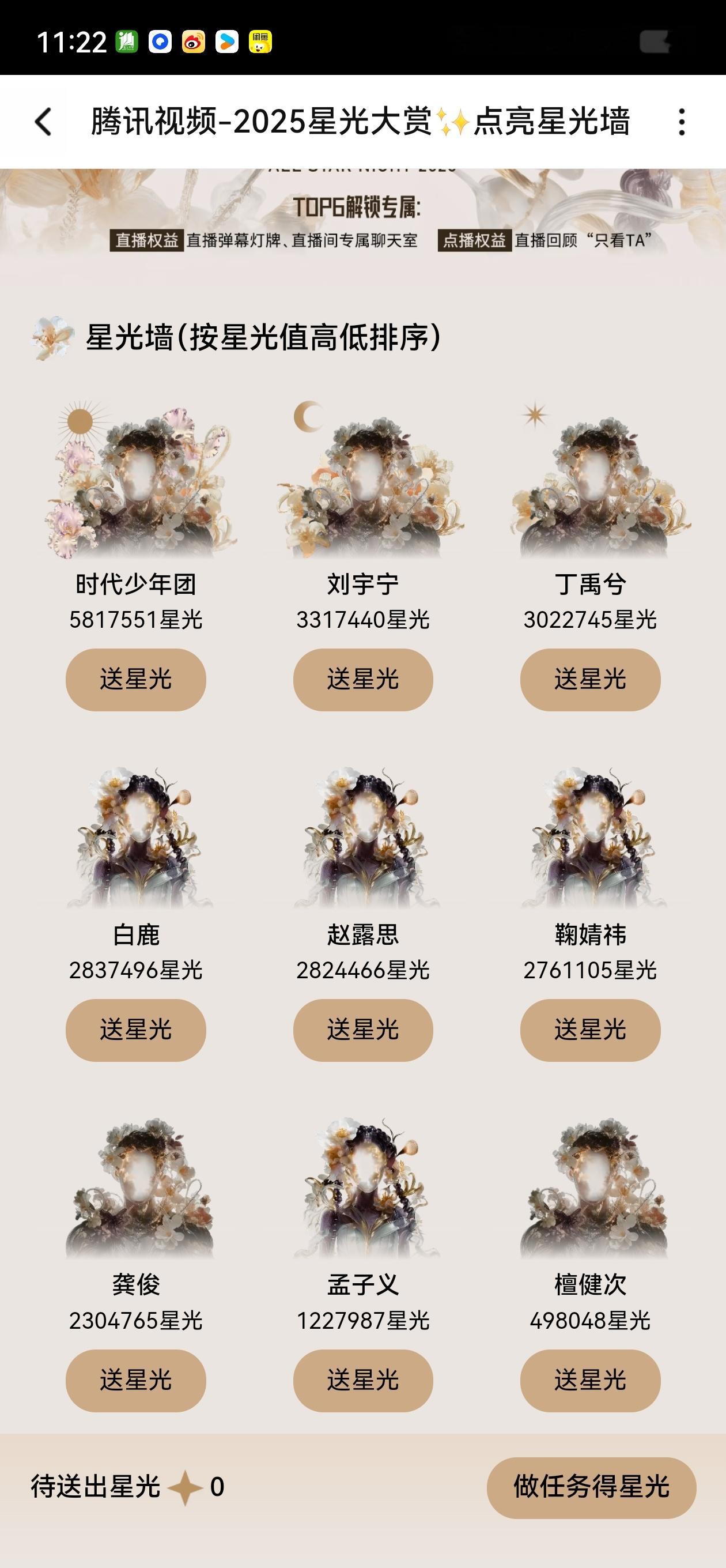 星光大赏星光墙最新战况：前三不变，白鹿从第七追到第四了，目前排女明星里第一