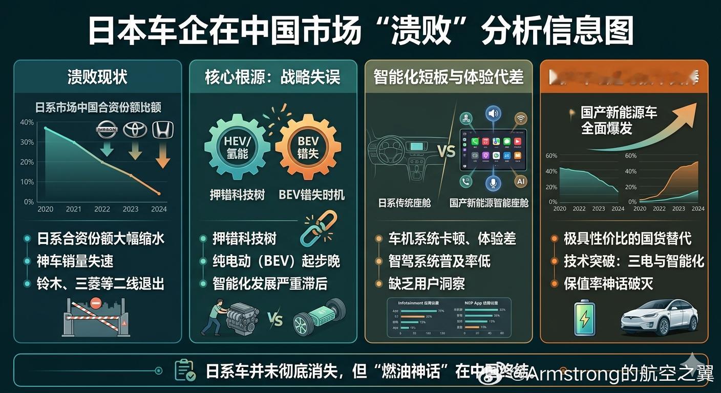 日系车溃败曾经凭借“省油、耐用、保值”三驾马车横扫市场的日系车（丰田、本田、日