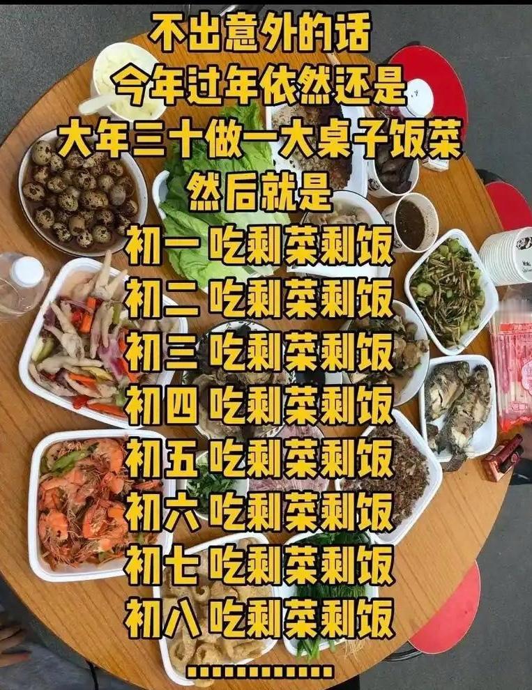 今天是大年初一，因为除夕做了一桌子菜，剩了很多，所以今天开始吃剩菜，但儿子看起来