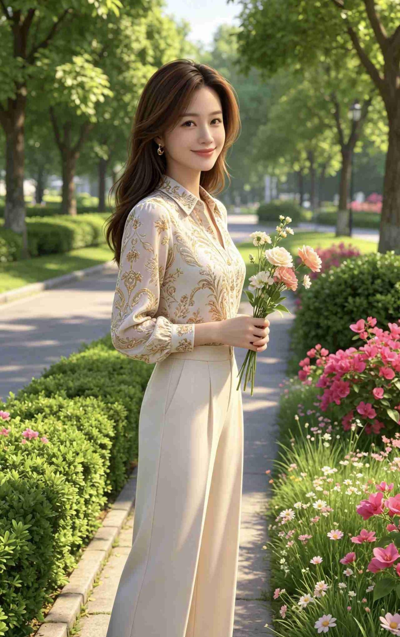 《芳径撷春》繁阴叠翠映晴光，满径繁花送暗香。锦袖轻携芳一束，柔容浅笑沐韶