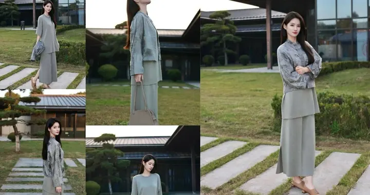 灰绿套装在新中式建筑前太安静了