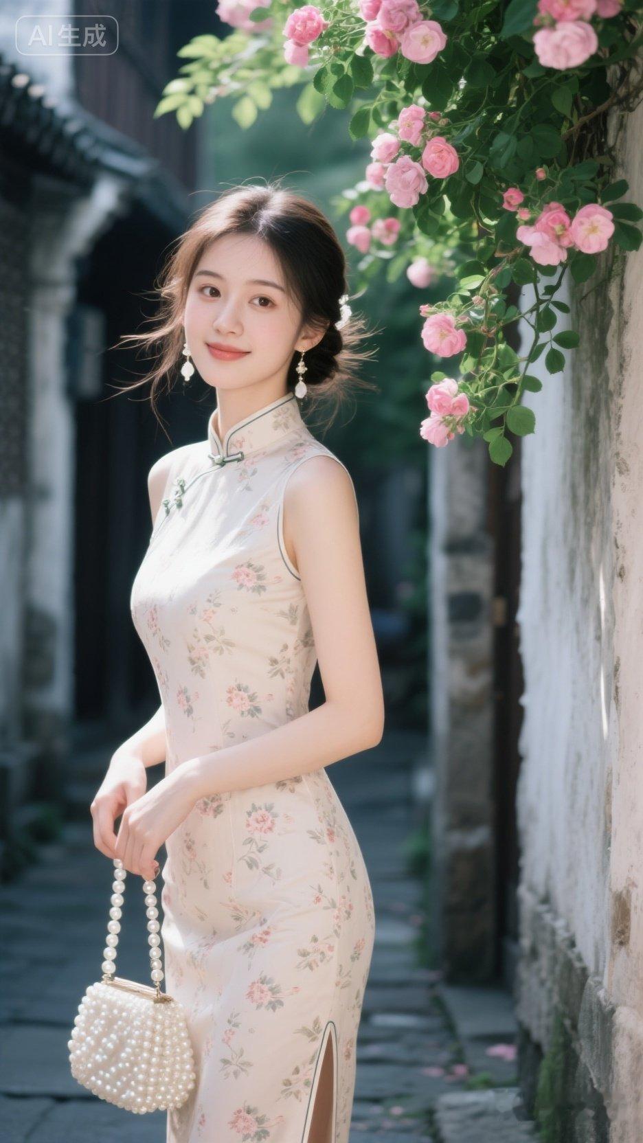 优雅的旗袍，粉色的花朵，古典的巷子，尽显东方韵味。