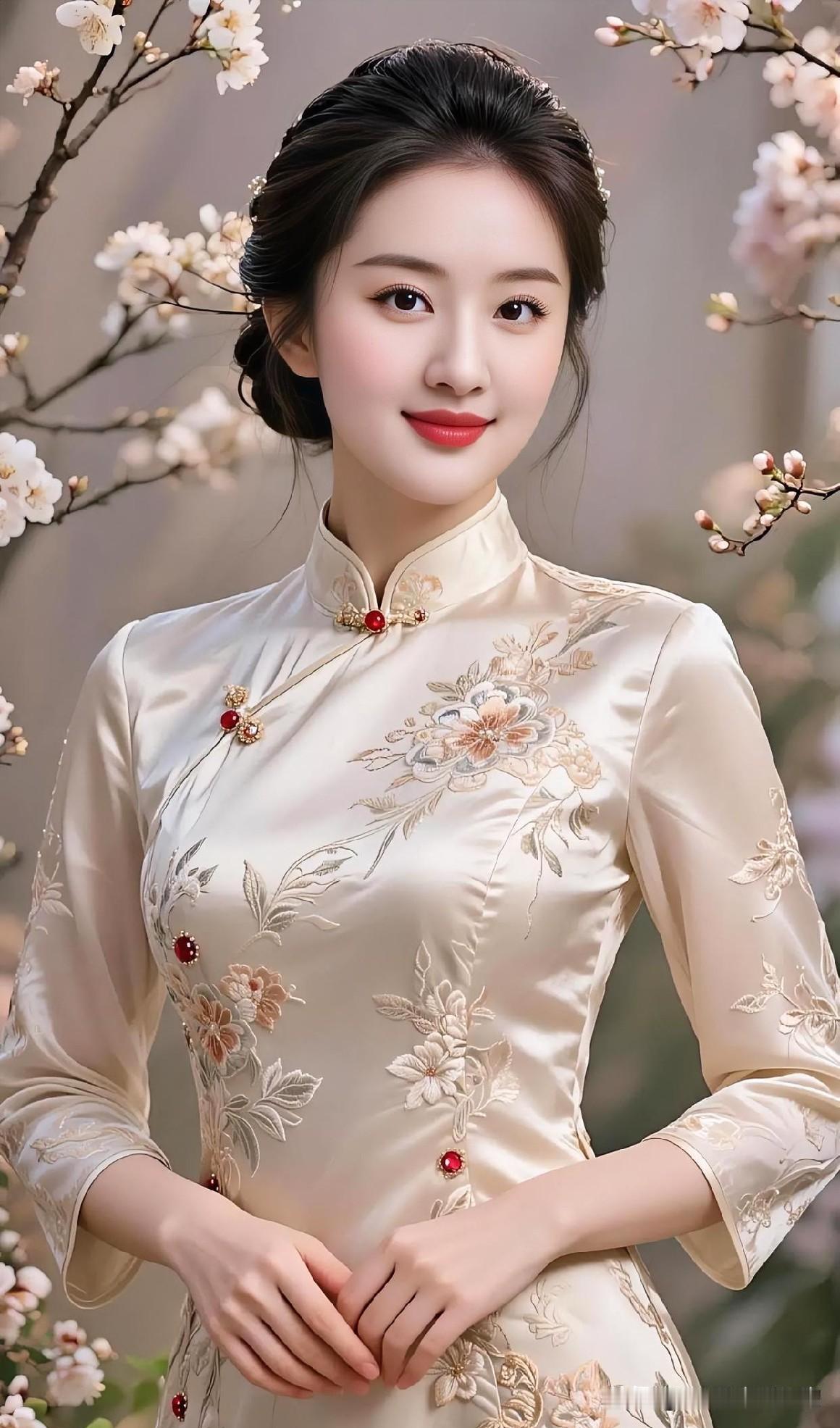 素纱绣锦倚花笑，红珠扣映芳华，温婉气韵流转，尽显东方古典之美。