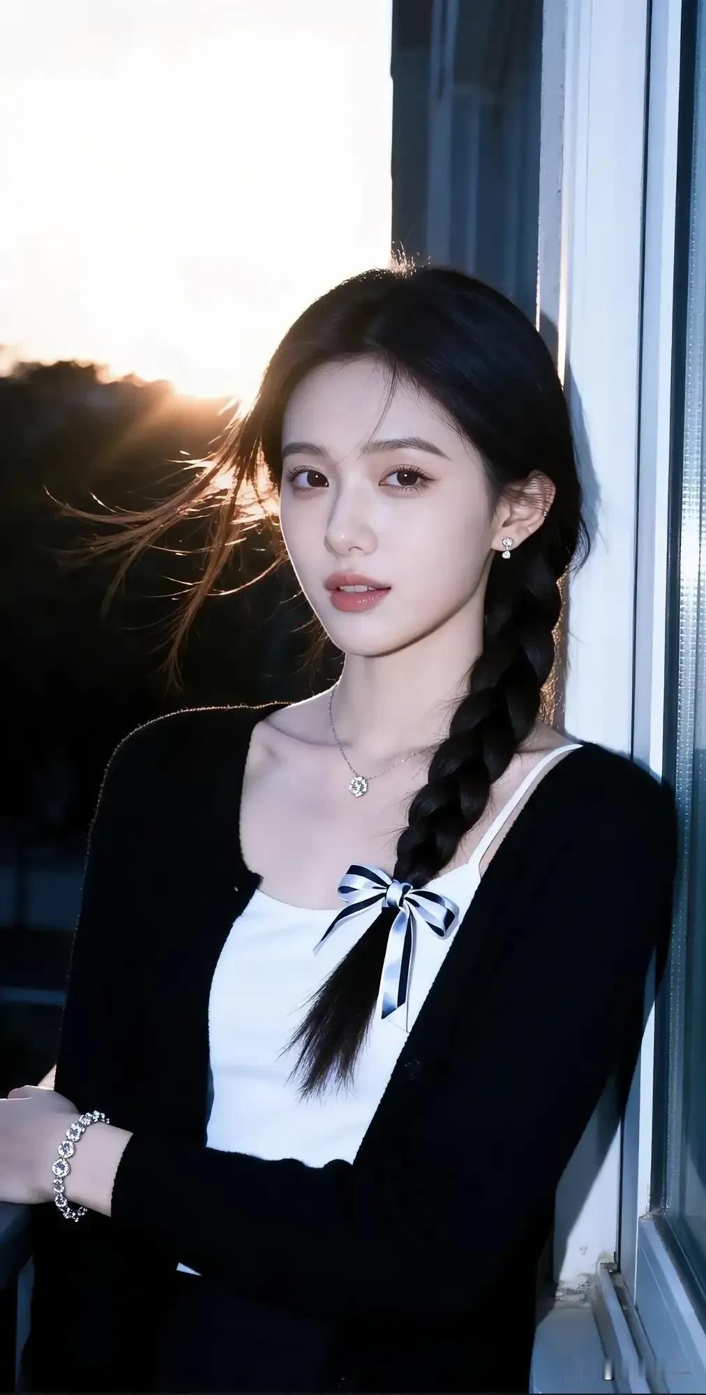 光之影少女心满满，黑发编辫，优雅白裙，夜晚的温柔时光长发白裙造型马尾少女风