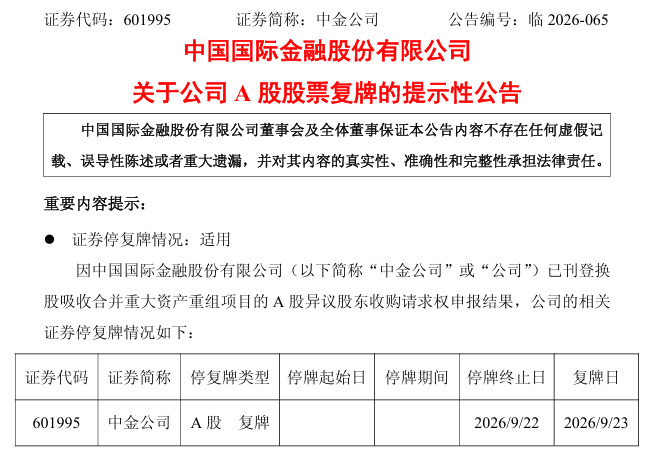 中金公司, 明起复牌!
