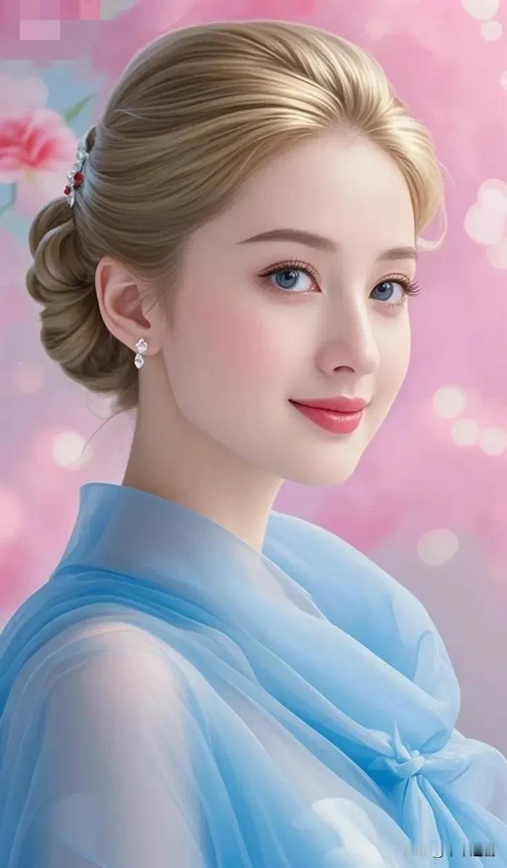 蓝纱裹着云的软，金棕发绾成春的结。眼波是浸了雾的蓝，连风里都沾了点粉调的甜。墨