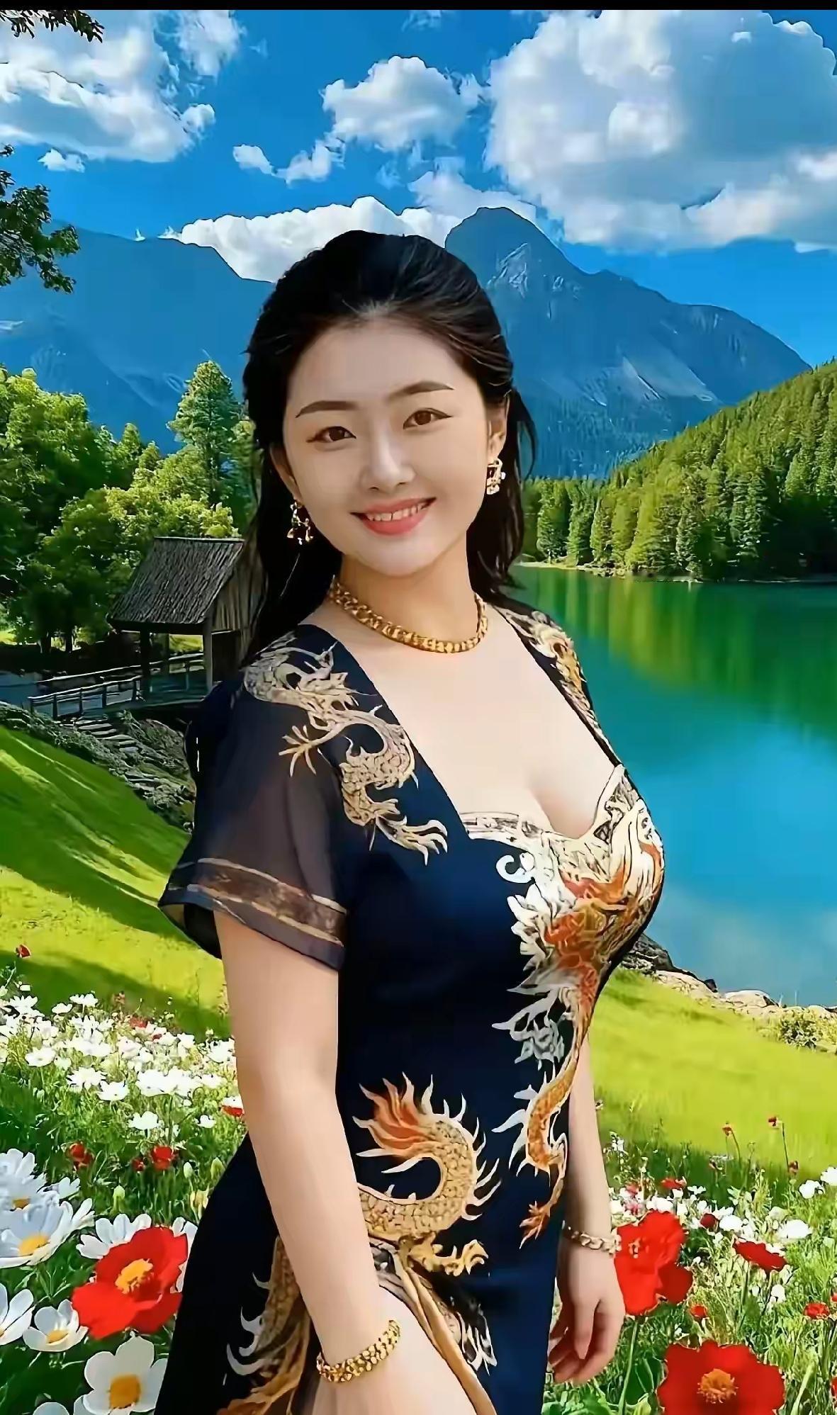 标题：山水佳人花间韵山水映佳人，花间笑语生。在这如画的山水间，佳人的笑容似春