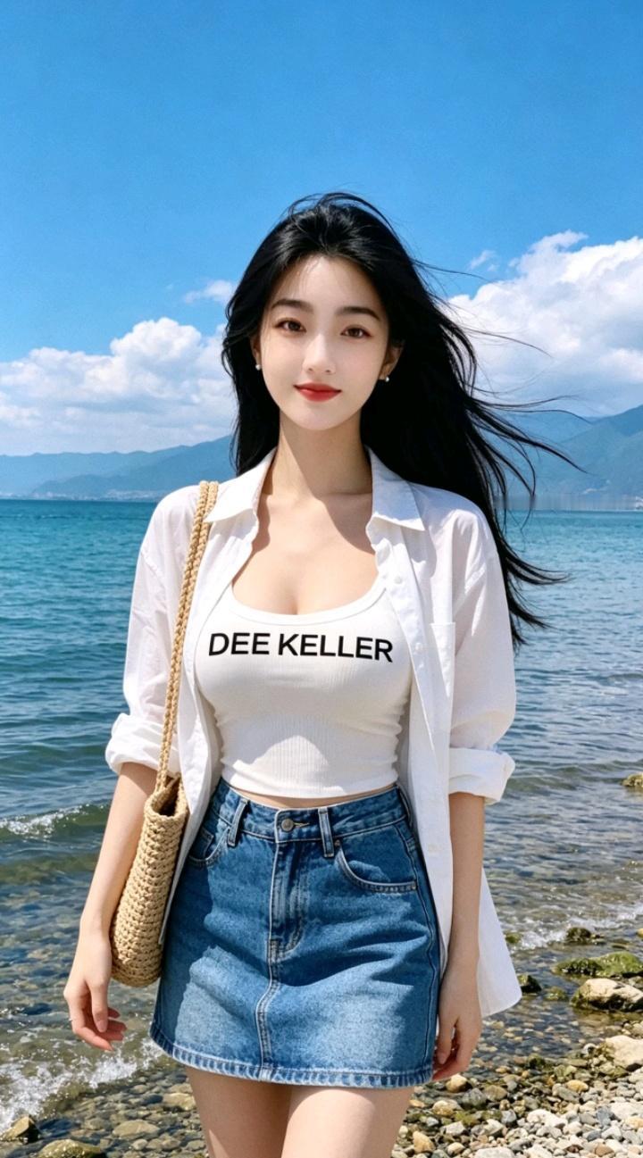 海边风大，女孩穿着很时尚。夏季如何保持健康的生活习惯海边度假少女风海边穿搭风