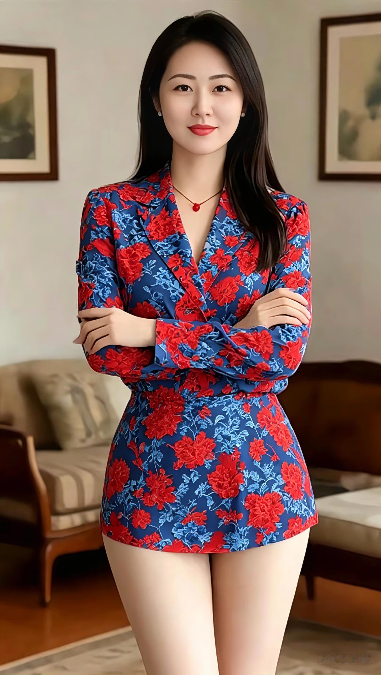穿花裙子的女孩站在客厅里。打油诗花衫一袭显端庄，长发轻垂面含光。双臂交
