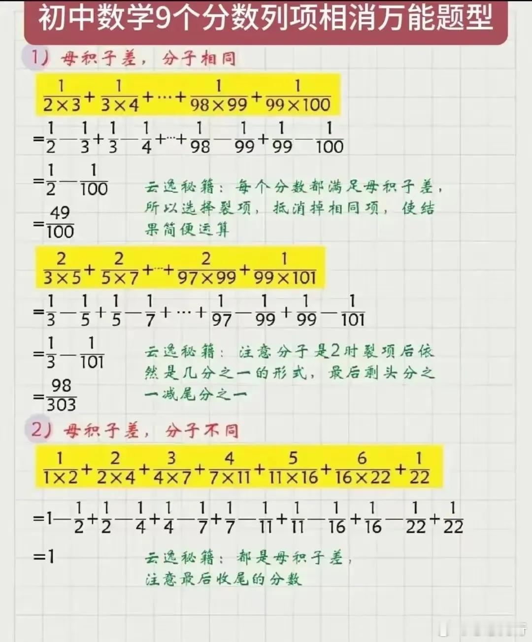 初中数学九个分数列项相消万能题型