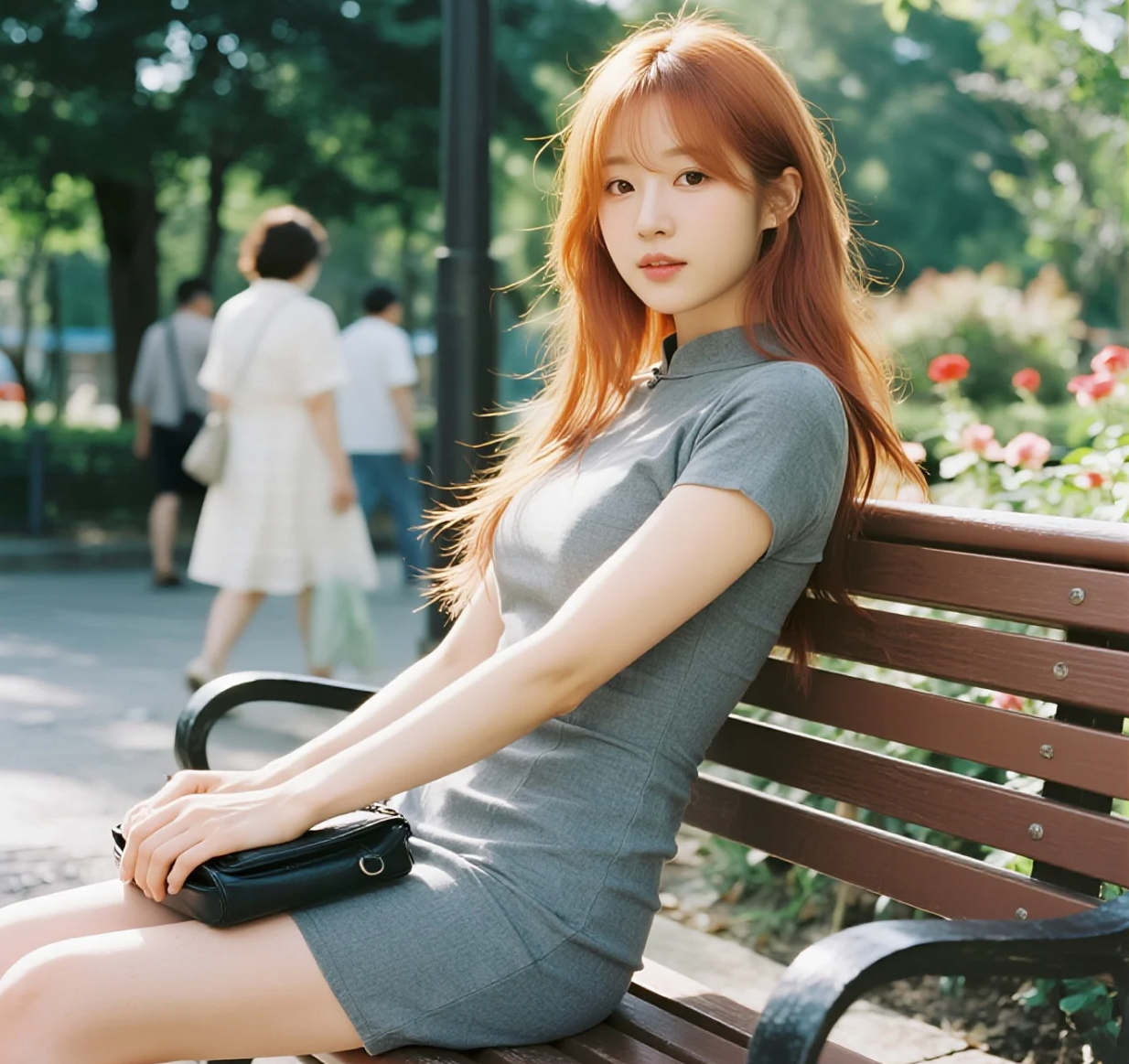 阳光正好，邂逅一位坐在长椅上的清纯美女