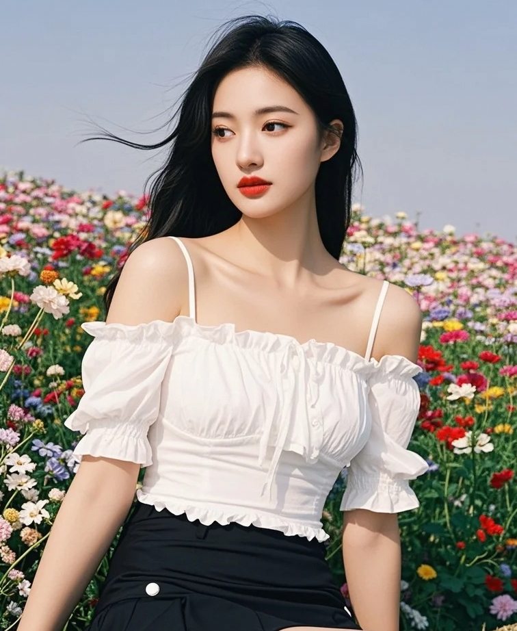 置身花海，美女的端庄颜值与繁花交织，尽显高雅风姿！
