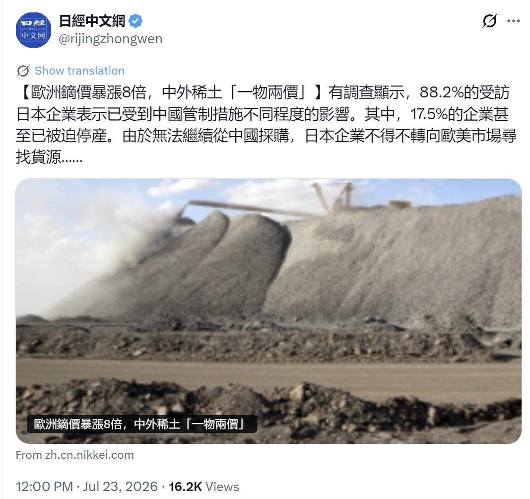 日经新闻中文网昨天（7月23日）报道：“【欧洲镝价暴涨8倍，中外稀土「一物两价」