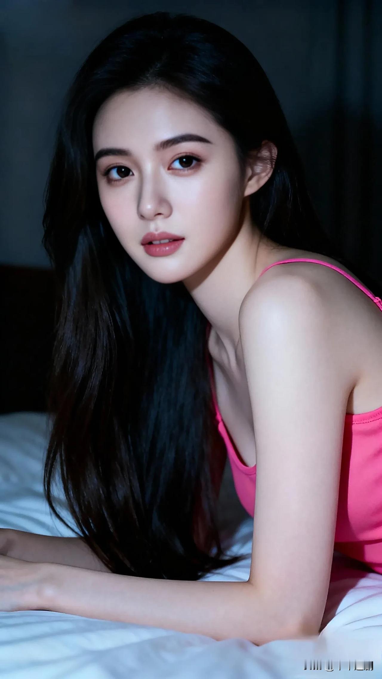 玫红吊带撞色暗调光影，冷艳眉眼揉出独有的魅惑氛围感💖粉雾玫瑰吊带裙玫红轻熟