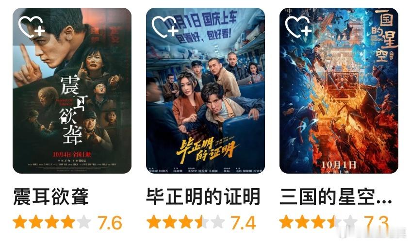 《震耳欲聋》豆瓣开分7.6分。至此，国庆档期八部新片全部开分。值得一提的是，《震