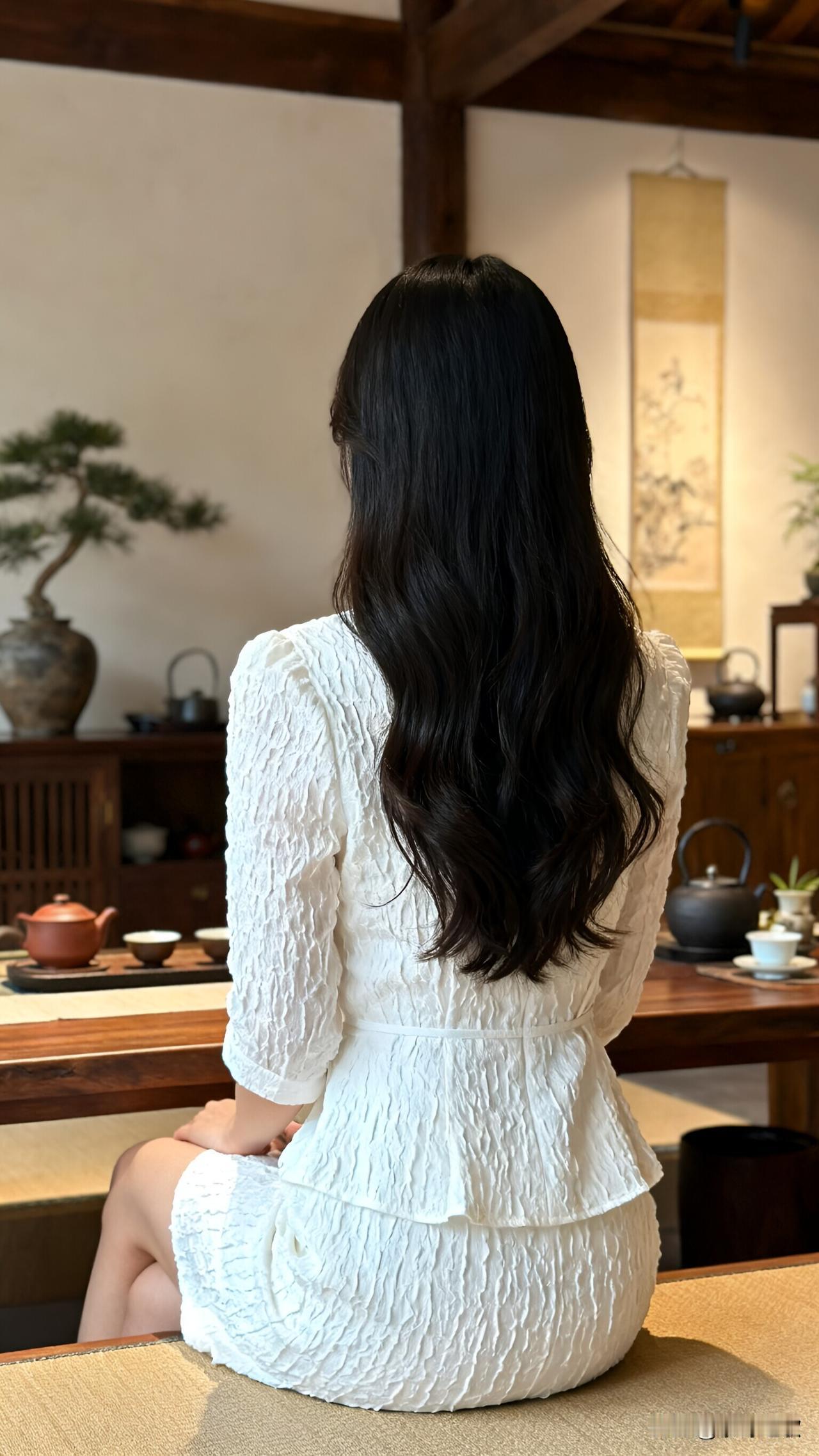 茶室穿白肌理裙，被茶艺师夸像江南闺秀！今天和朋友去中式茶室喝茶，穿了这条白