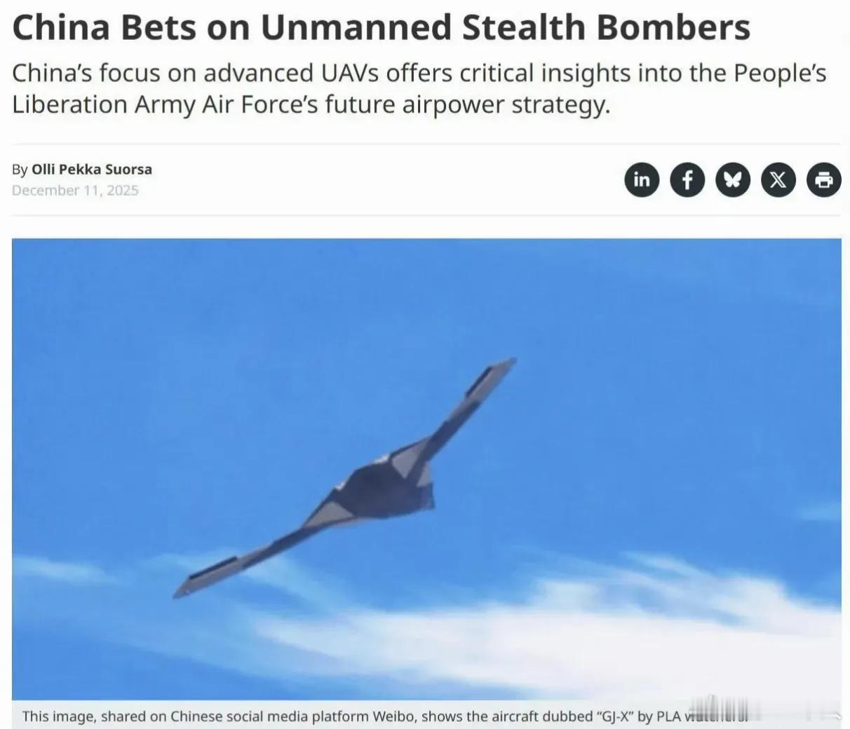 《外交官》杂志网站发长文称，中国押注无人隐身轰炸机！说中国近期已经研制了两款新型