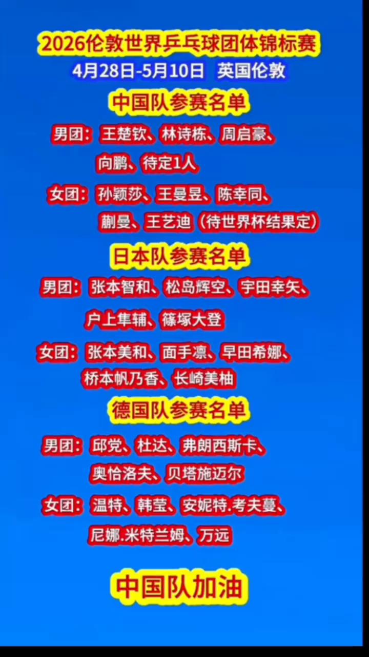 2026伦敦世界乒乓球团体锦标赛，4月28日-5月10日英国伦敦。中国队参赛名
