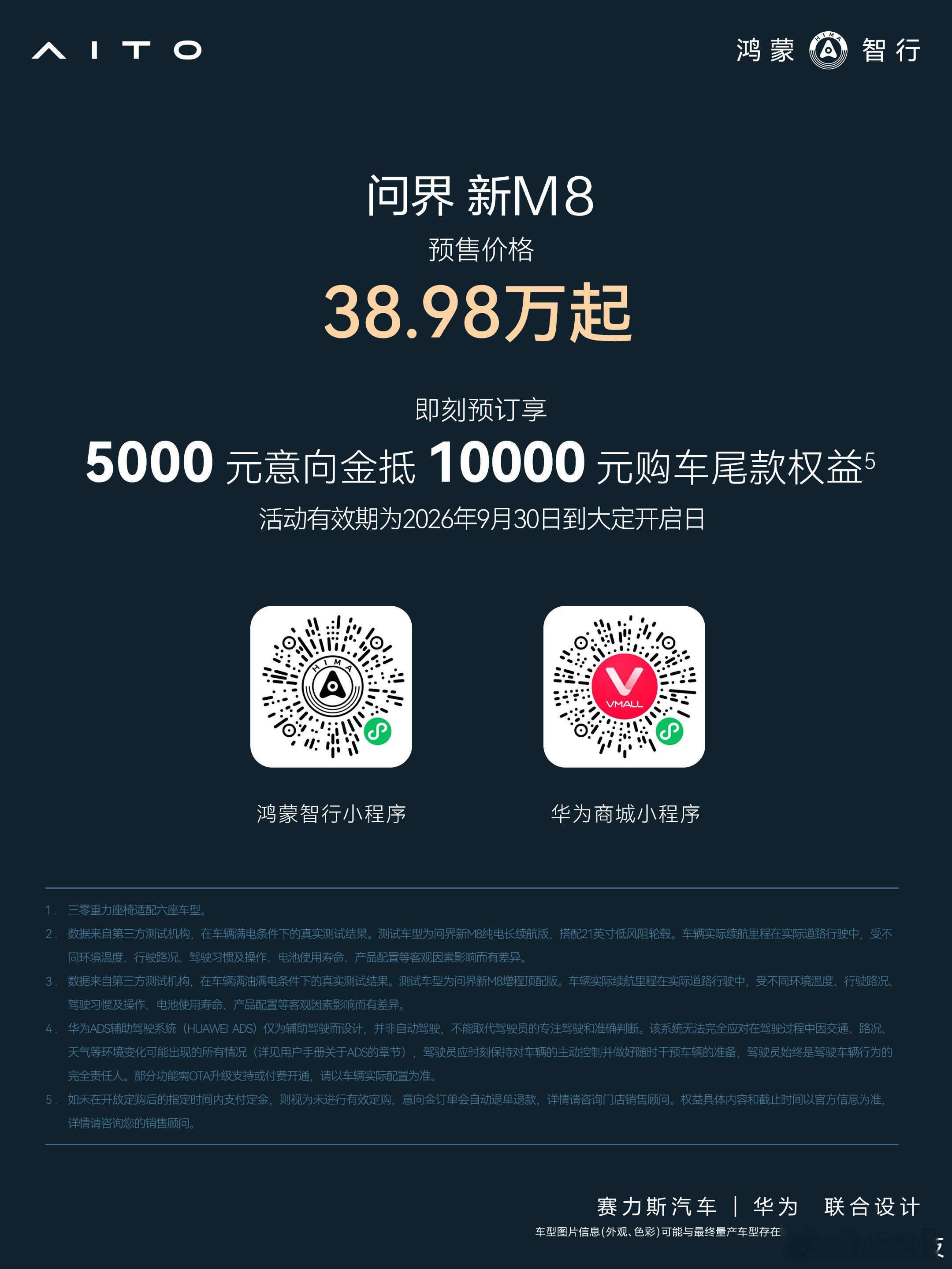 兄弟们，#问界新M8开启预售#了！38.98万起售价，十五亿研发投入砸出六大新跃升，我仔细看完了配置