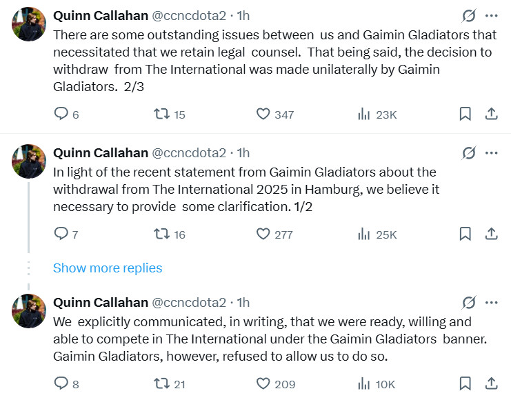 凌晨CCNC在自己的个人社媒账号上连发三条推特解释GG弃赛2025国际邀请赛一事