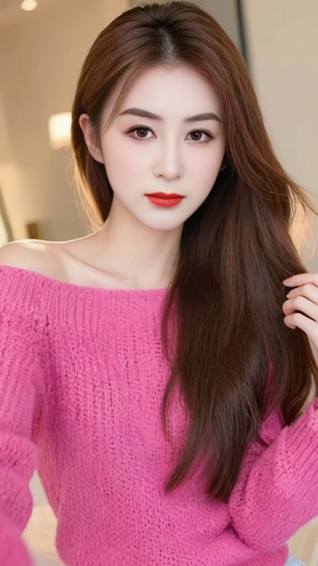 粉毛衣粉色毛衣美女