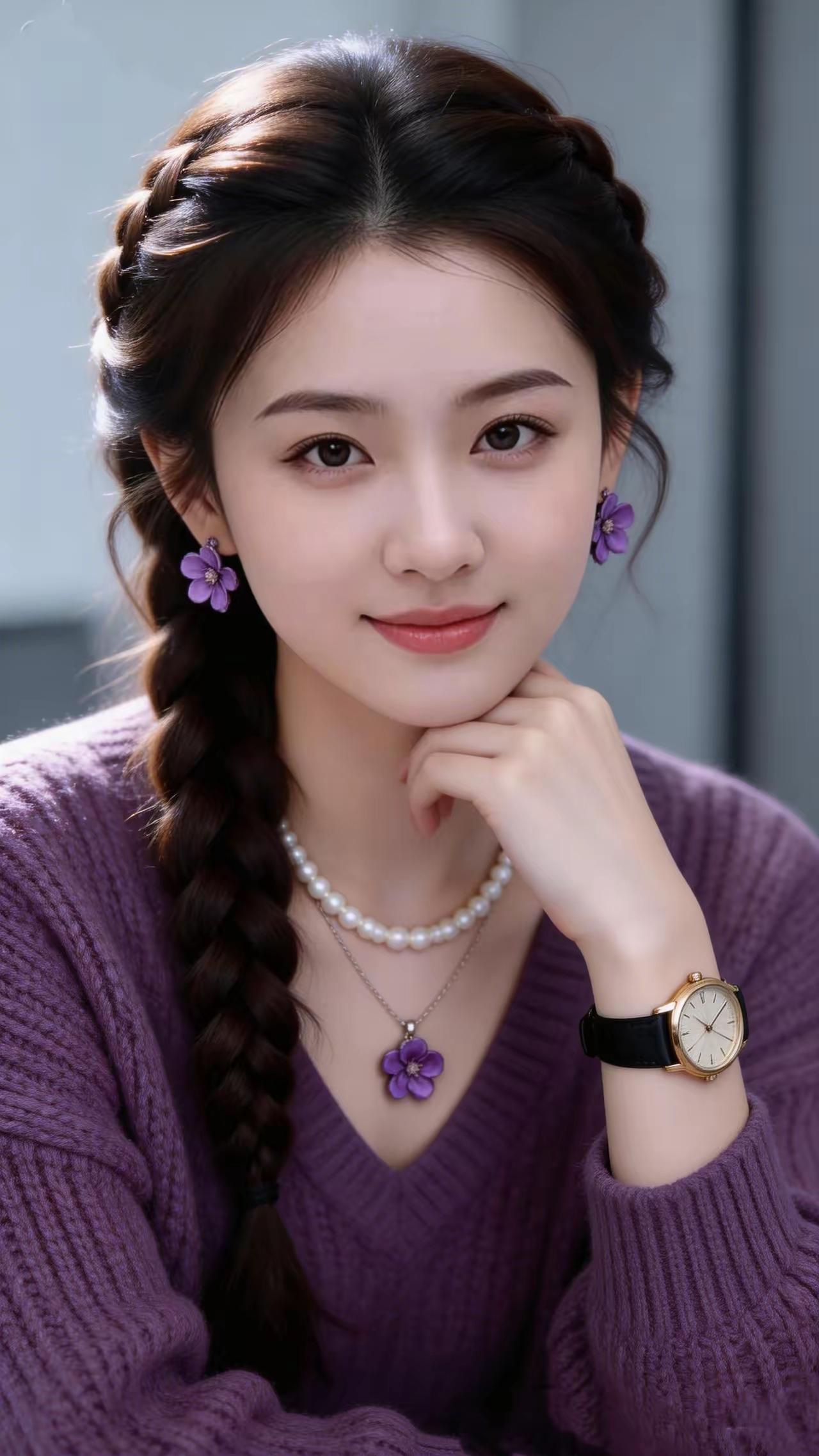 温柔少女风，紫色毛衣搭配珍珠项链，甜美可爱！