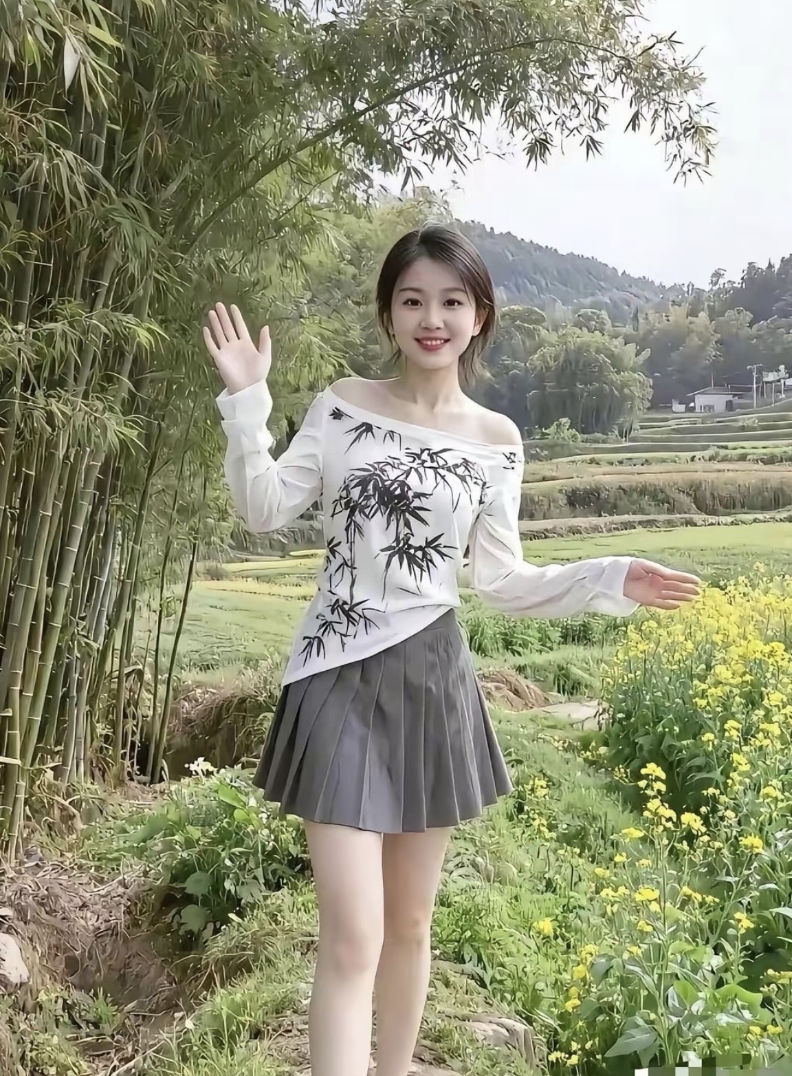 这是谁家的小姑娘！好漂亮！清纯、甜美，衣服上的图案都和风景融为一体。