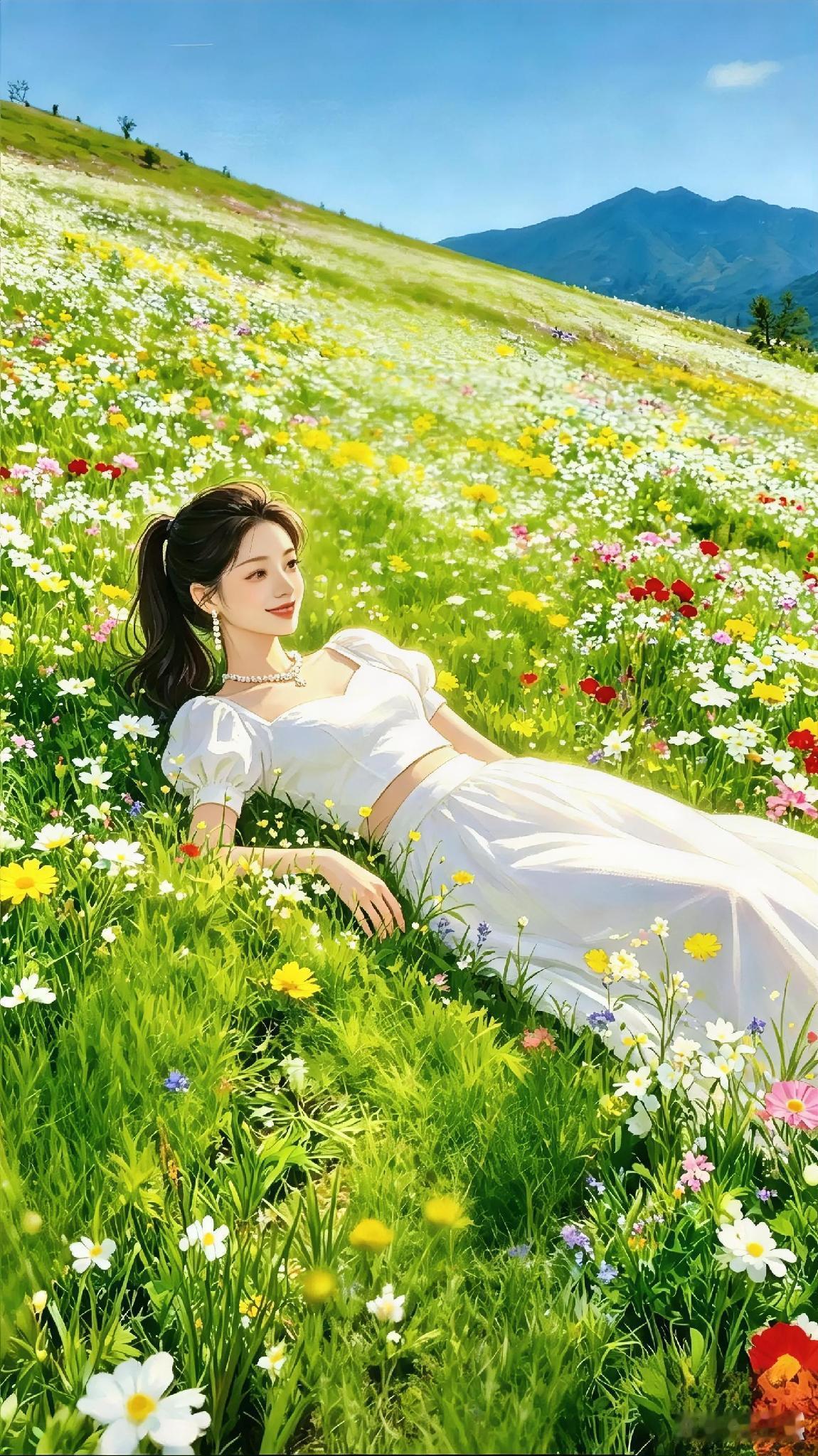 天是蓝的，花是鲜艳夺目的，美女是悠闲自在，这个夏天是美好的……ai美人图a