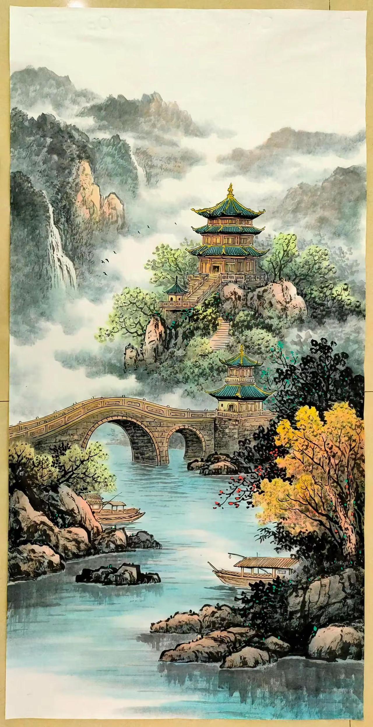 碧水琼楼。手绘国画青绿山水画创作者中心创作灵感意境山水画
