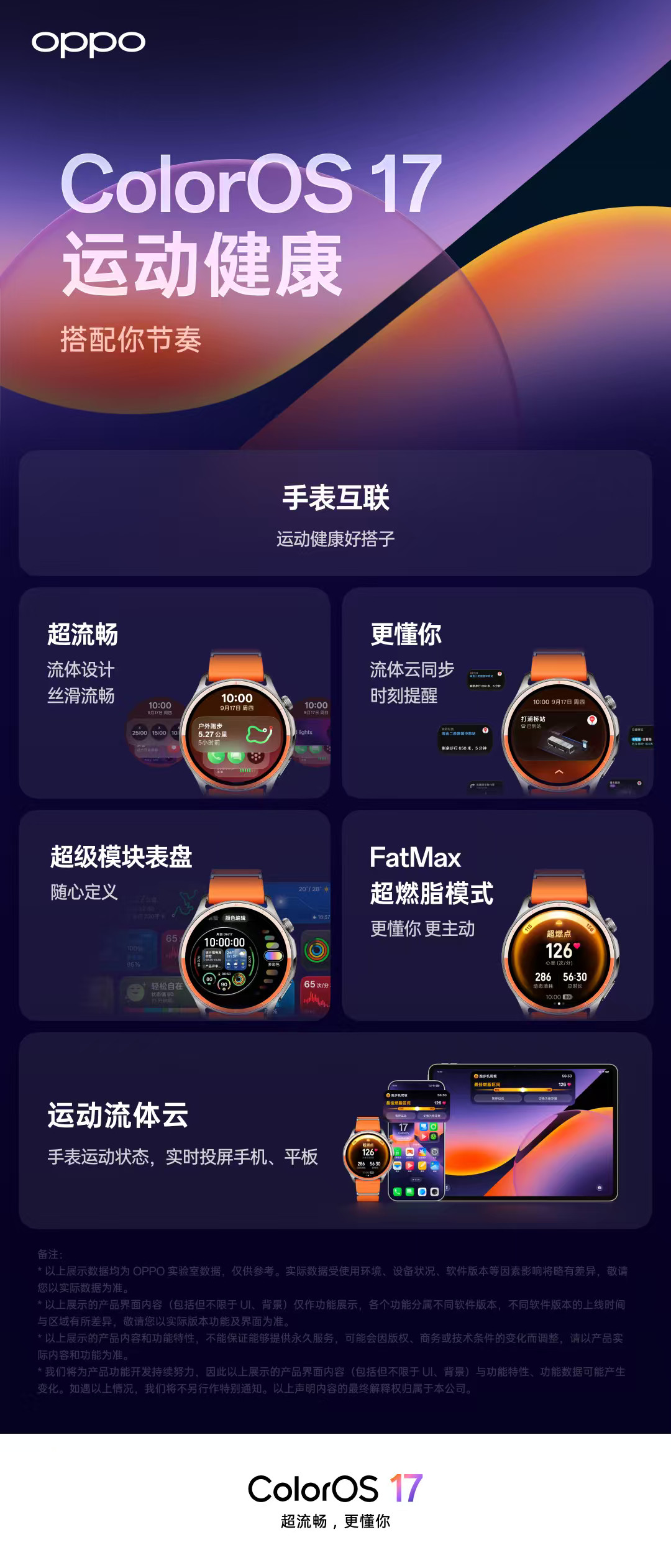 ColorOSWatch：流体云流转：无缝流转到手表，抬腕可见超级模块表盘：旋