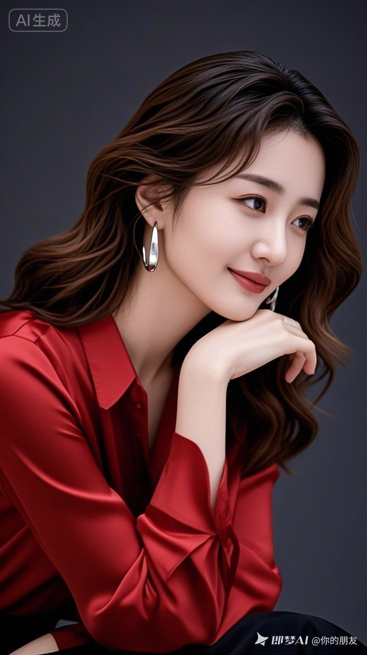 她知性优雅美丽大方，微卷中长发温婉灵动，面庞白皙精致，高挺鼻梁搭配红润唇瓣，细长