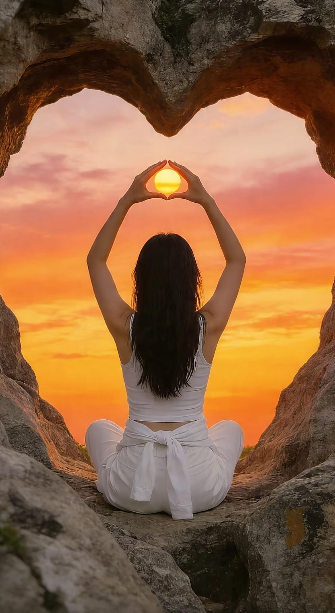 在心形的岩石间，拥抱夕阳，感受内心的宁静与美好。🌅🧘‍♀️
