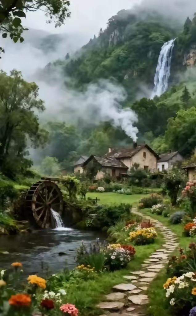 塞鸿秋·乡居青山环抱茅檐下，水车翻溅珠花撒。石径蜿蜒通幽雅，繁英满坡迎霞