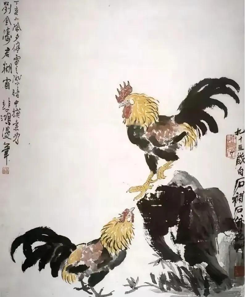 1947年除夕，徐悲鸿icon为挚友刘金涛作画，刚画完两只公鸡icon，突然停电