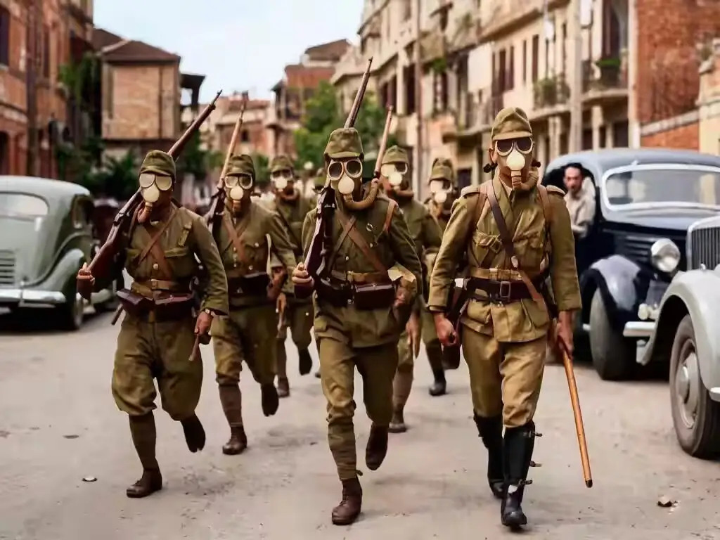 1937年淞沪会战期间，入侵闸北的日本海军陆战队正沿街行进的镜头